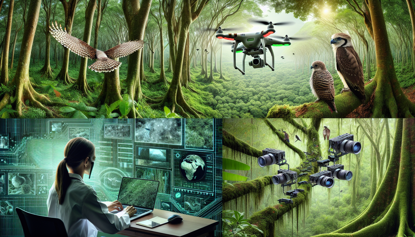 AI technologies monitoring wildlife in a lush forest, showcasing drones, cameras, and data analysis for biodiversity conservation.