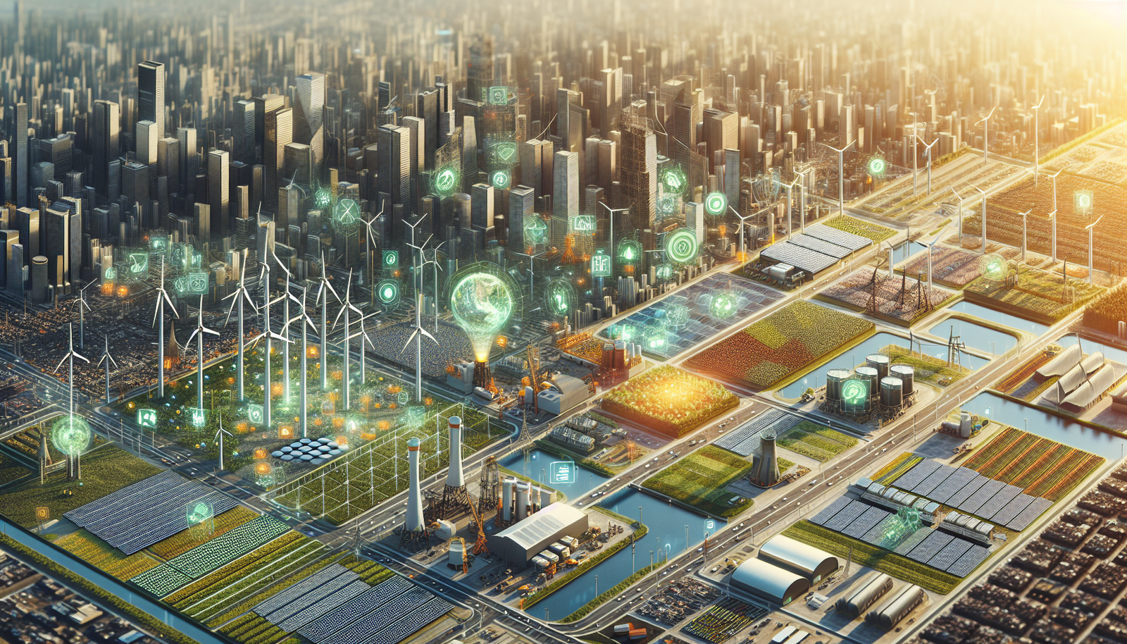 AI-driven sustainability initiatives in urban landscape with solar panels, wind turbines, smart farms, and recycling facilities.