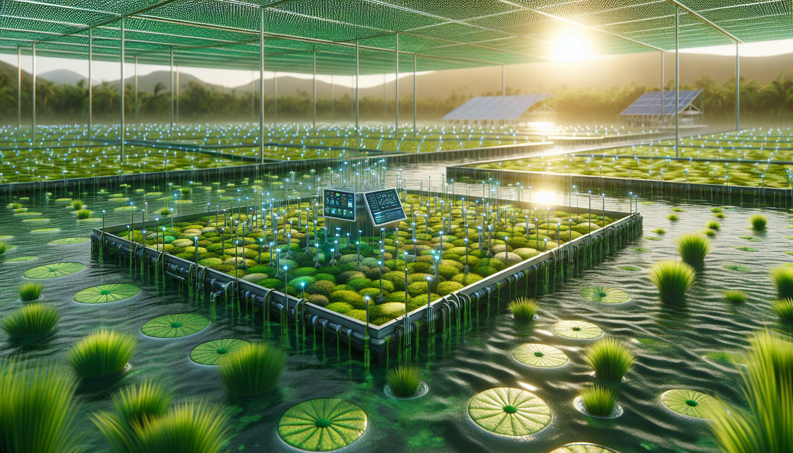 AI-monitored algae farm with lush ponds and sustainable energy sources.
