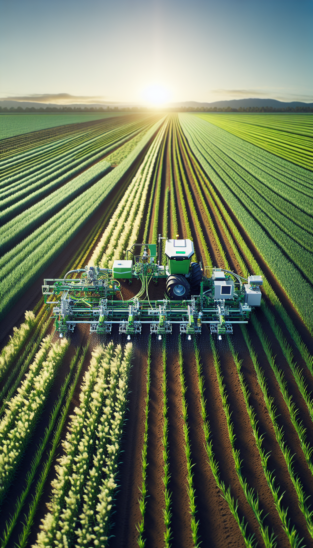 Overhead view of AI-powered machinery analyzing soil in a lush agricultural field.