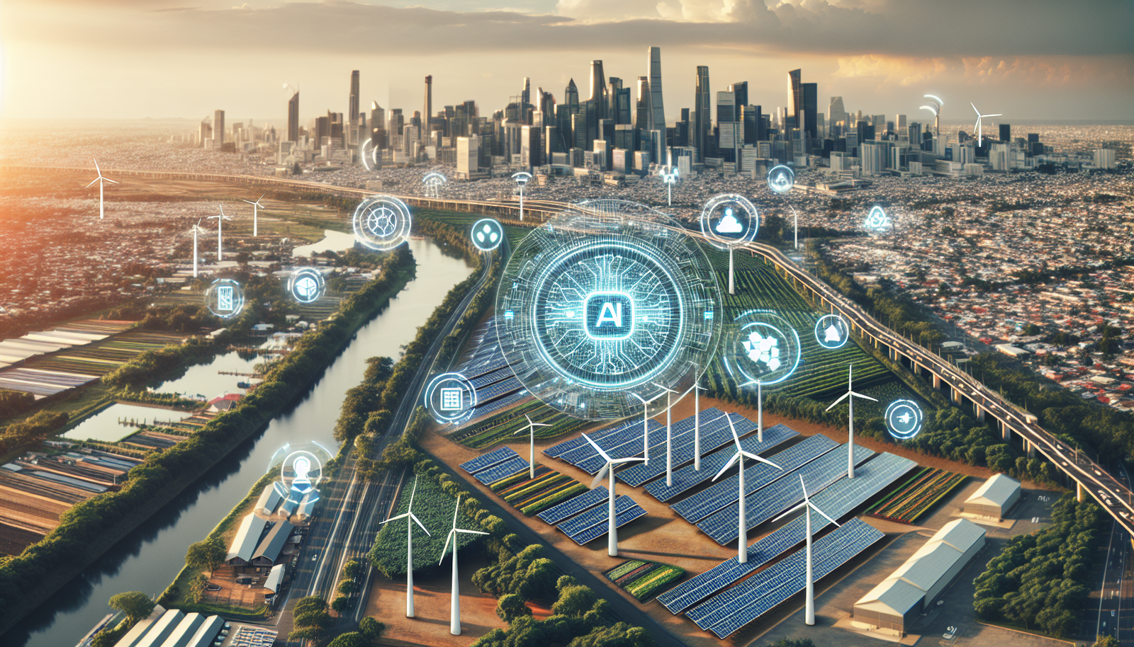 AI technology interfaces overlaying a modern cityscape with renewable energy sources, precision agriculture, and smart grids.