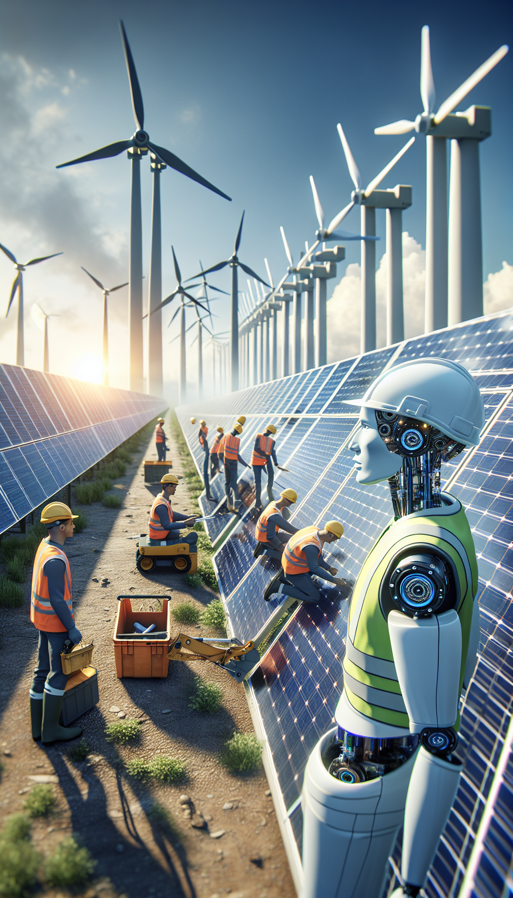 AI technology in renewable energy plant with engineers working on solar panels and wind turbines.