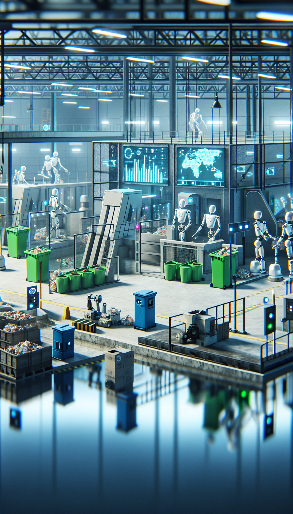 AI-powered waste management facility with automated sorting systems and smart bins.