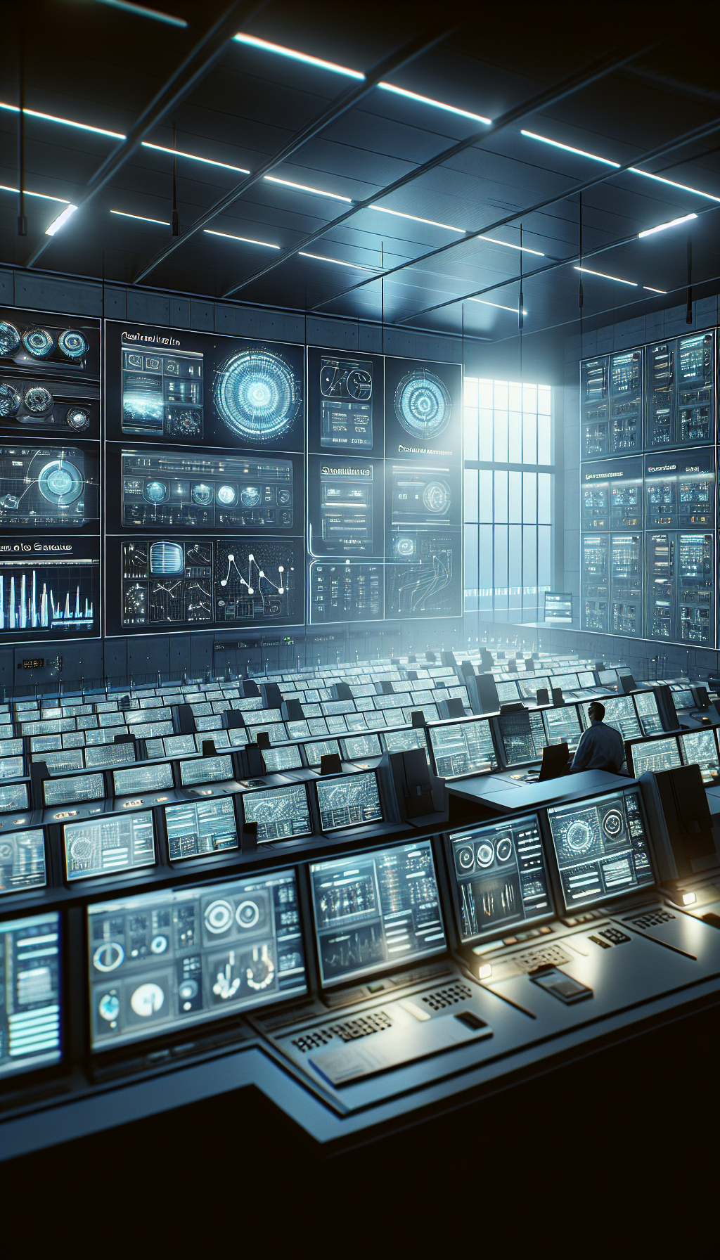 AI-driven systems managing renewable energy in a modern energy grid control room.