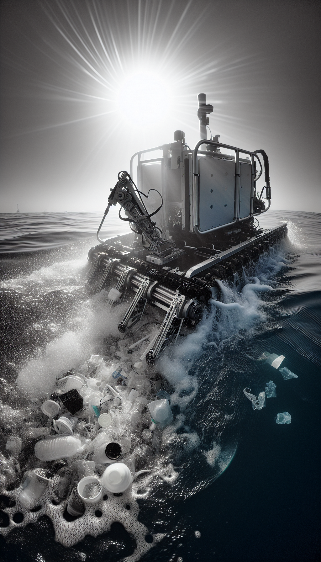 AI-driven robotic device collecting plastic waste from the ocean.