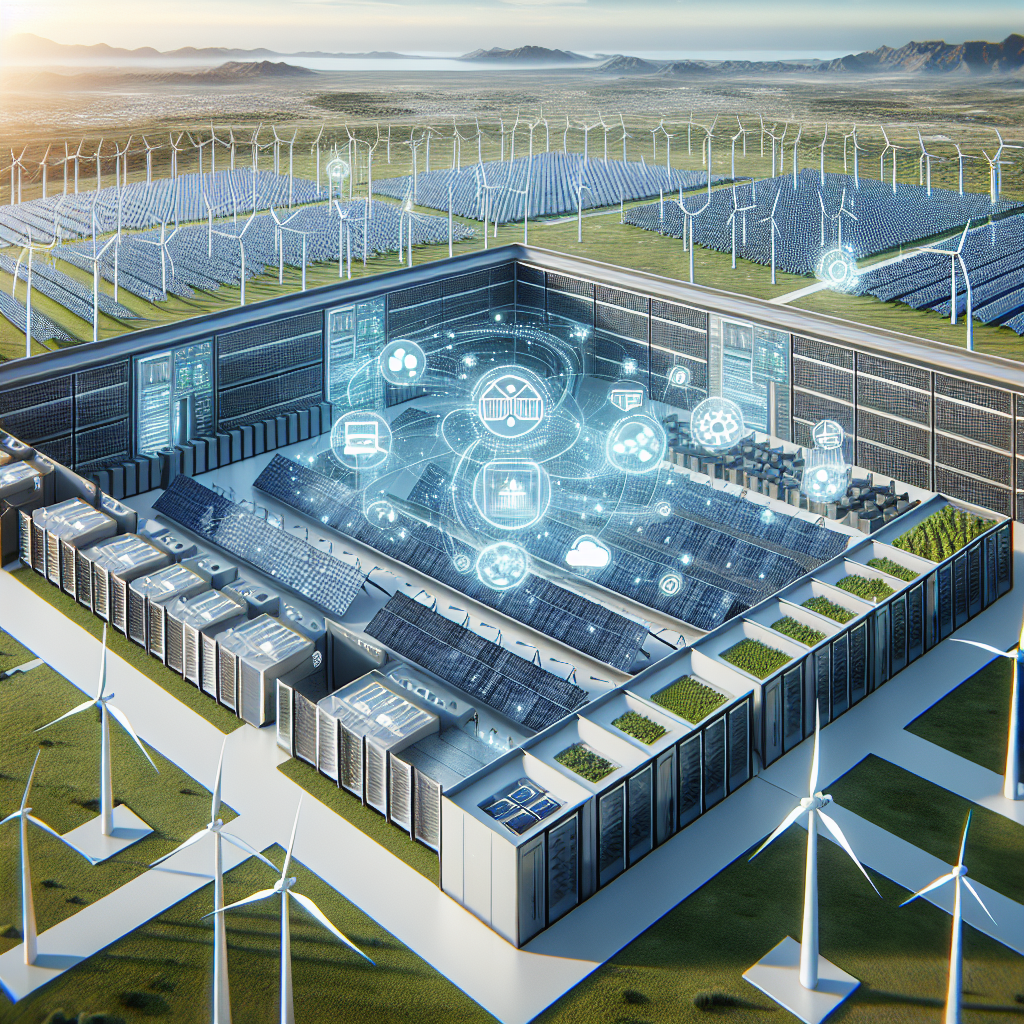 Modern data center with solar panels and wind turbines showcasing AI-powered resource management.