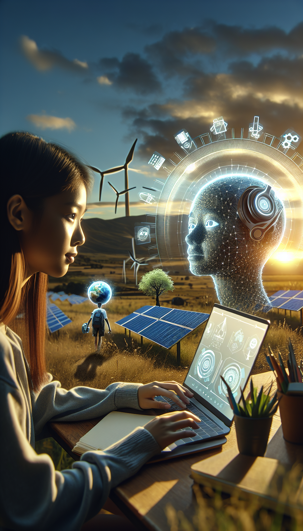 Students using AI tools in a rural area with solar panels and wind turbines.