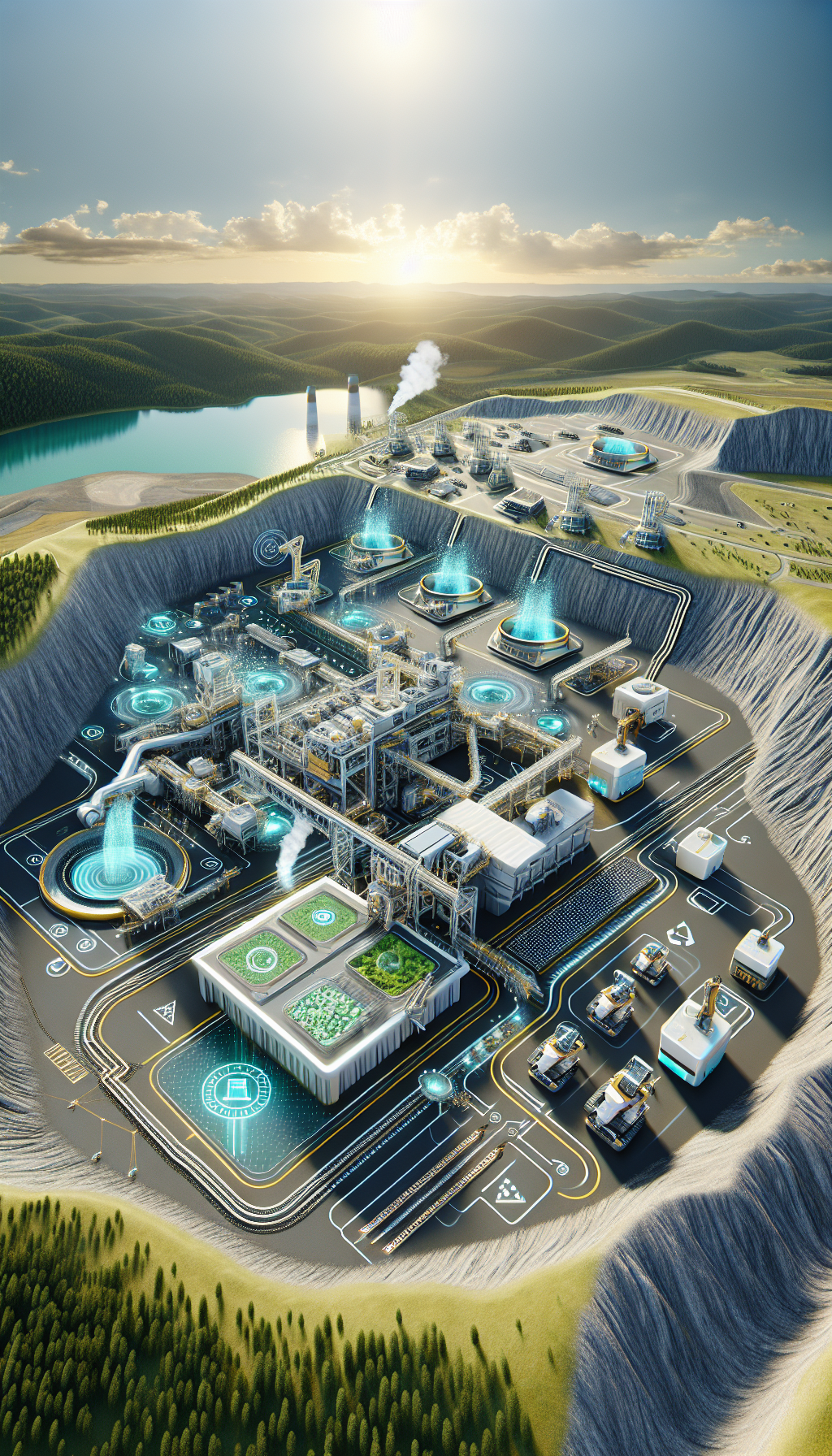 Mining site using AI for sustainable practices with energy-efficient equipment and water management systems.