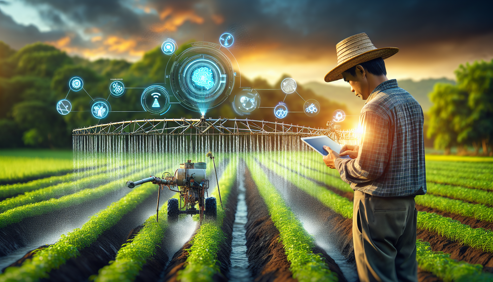 AI-powered smart irrigation system in a lush field with a farmer monitoring on a tablet.