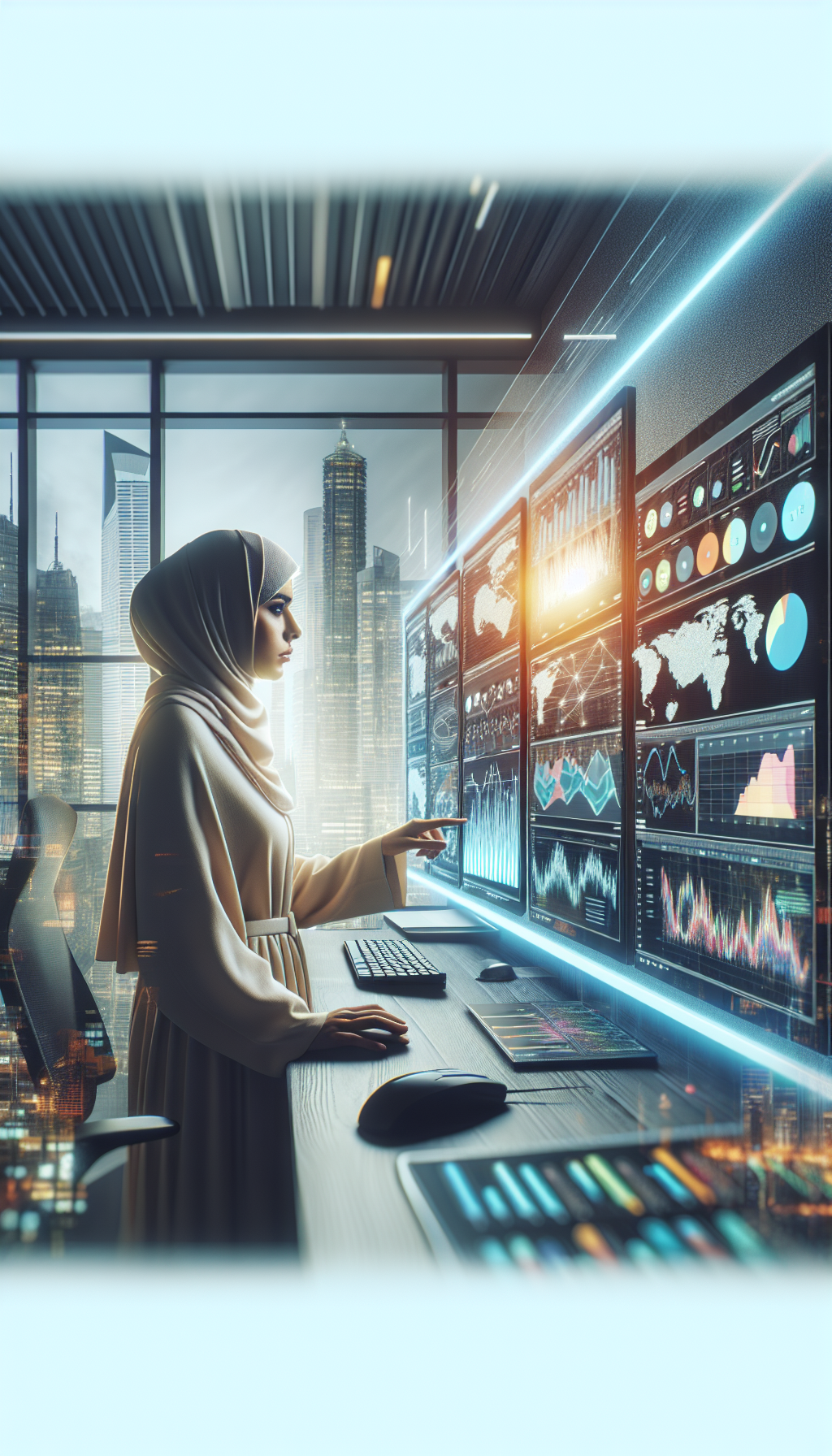 Tech professional analyzing environmental data on screens in a modern office with harsh lighting and a blurred cityscape in the background.