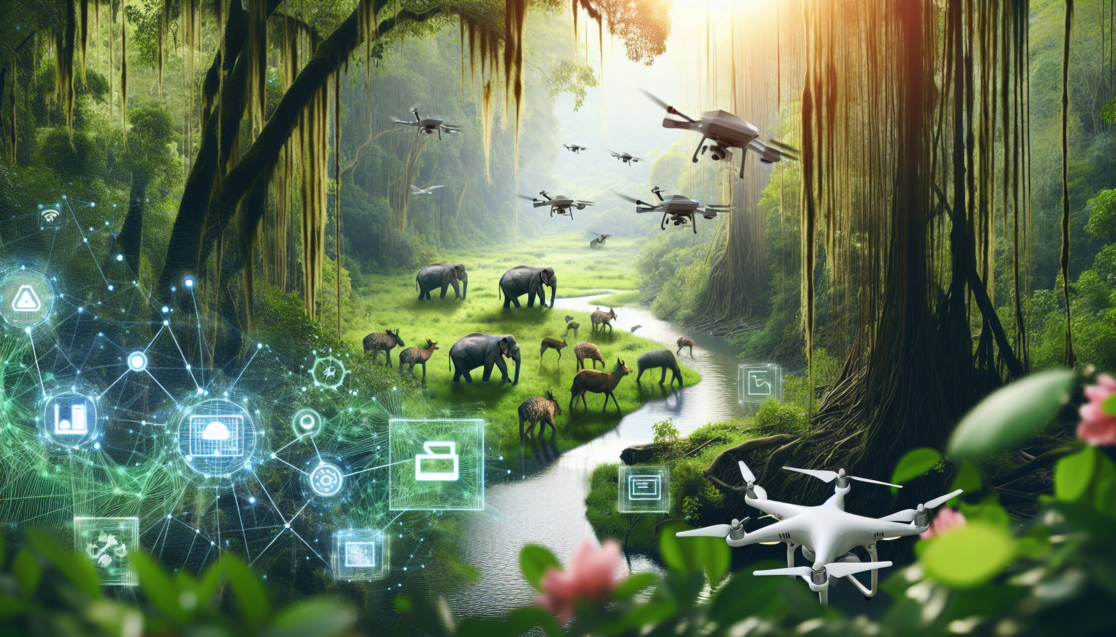 AI technology monitoring a forest ecosystem with drones and sensors.