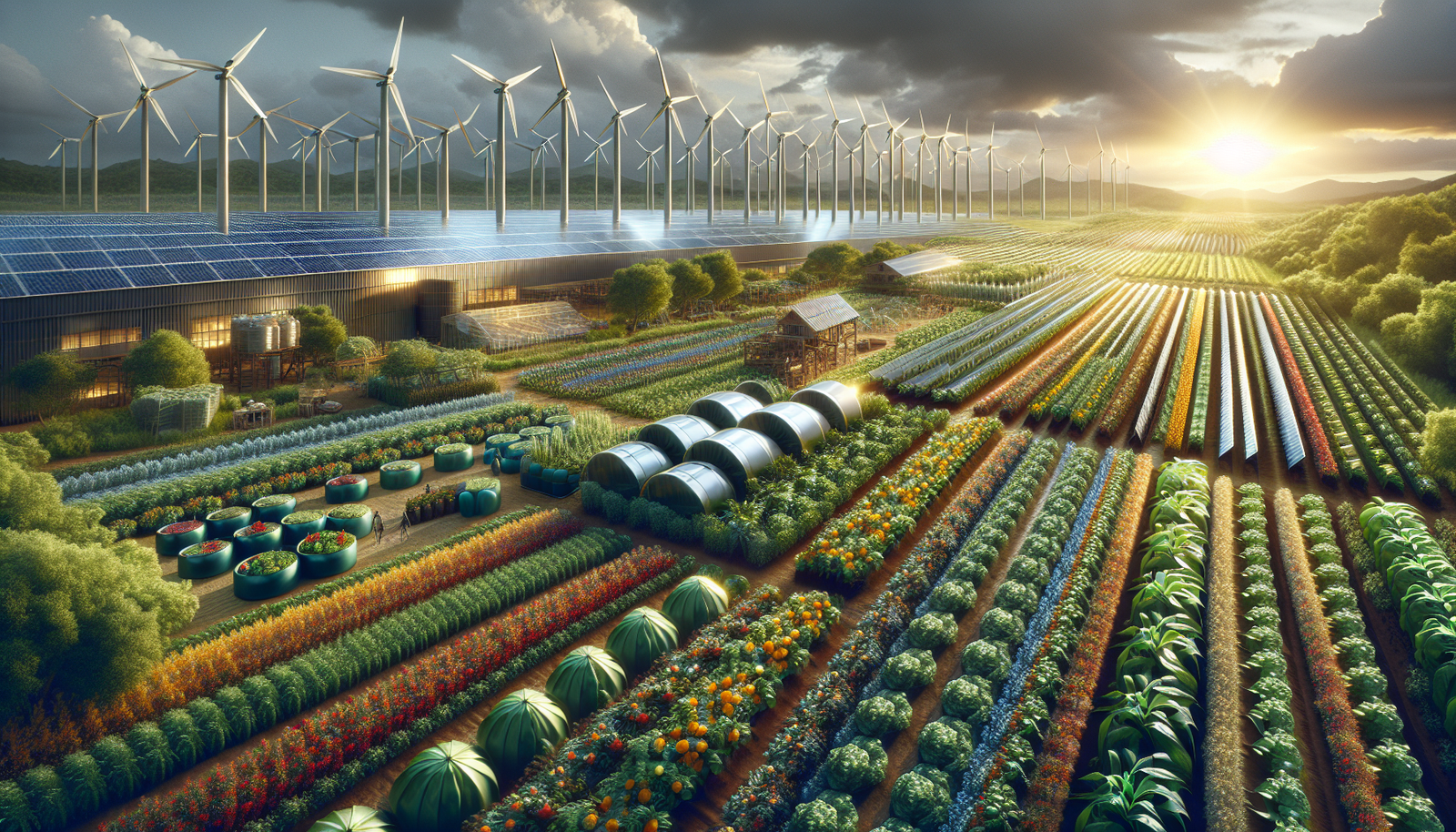 Sustainable farming scene with diverse crops and solar panels, captured from a high-angle perspective.