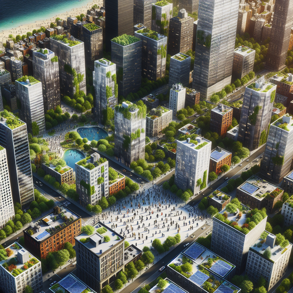 Cityscape with solar panels and green spaces, representing sustainability