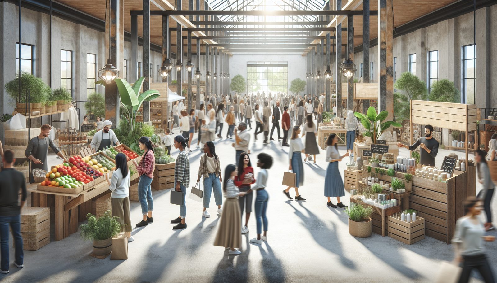 Eco-friendly market scene with diverse shoppers and green products.