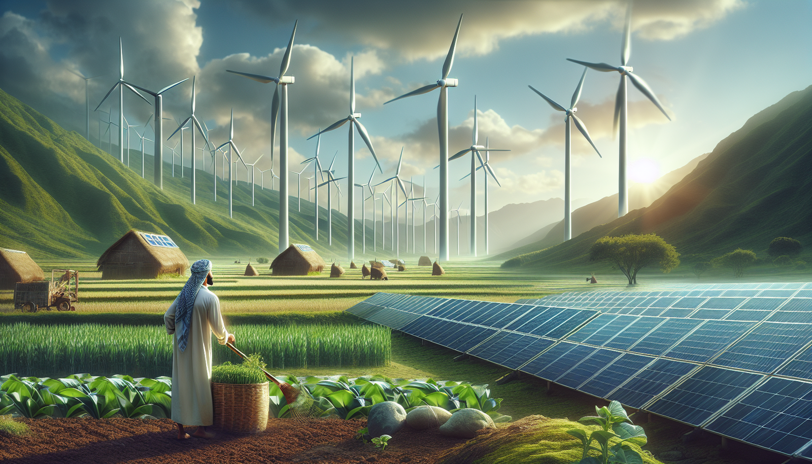 Lush landscape with wind turbines, solar panels, sustainable farming.