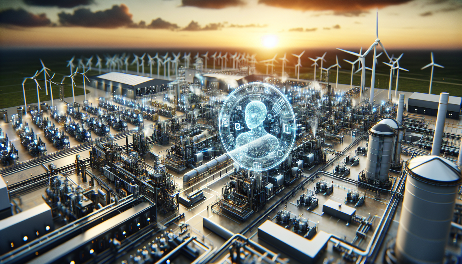 AI-enhanced carbon capture facility with renewable energy backdrop.