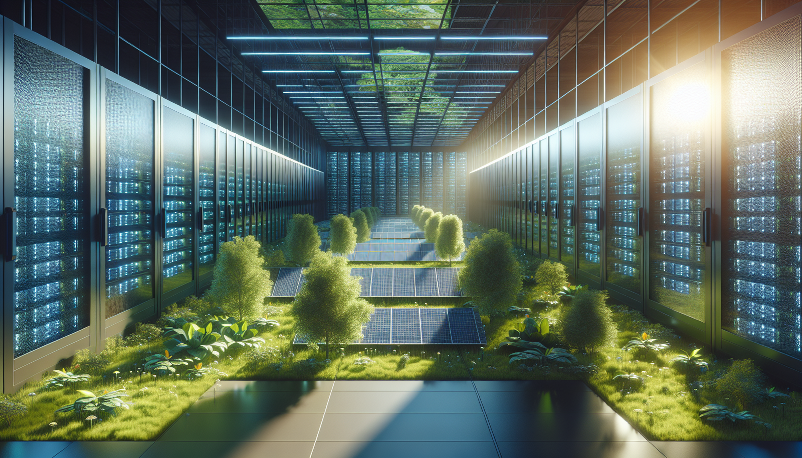 Sustainable data center with AI technology, solar panels, and greenery.