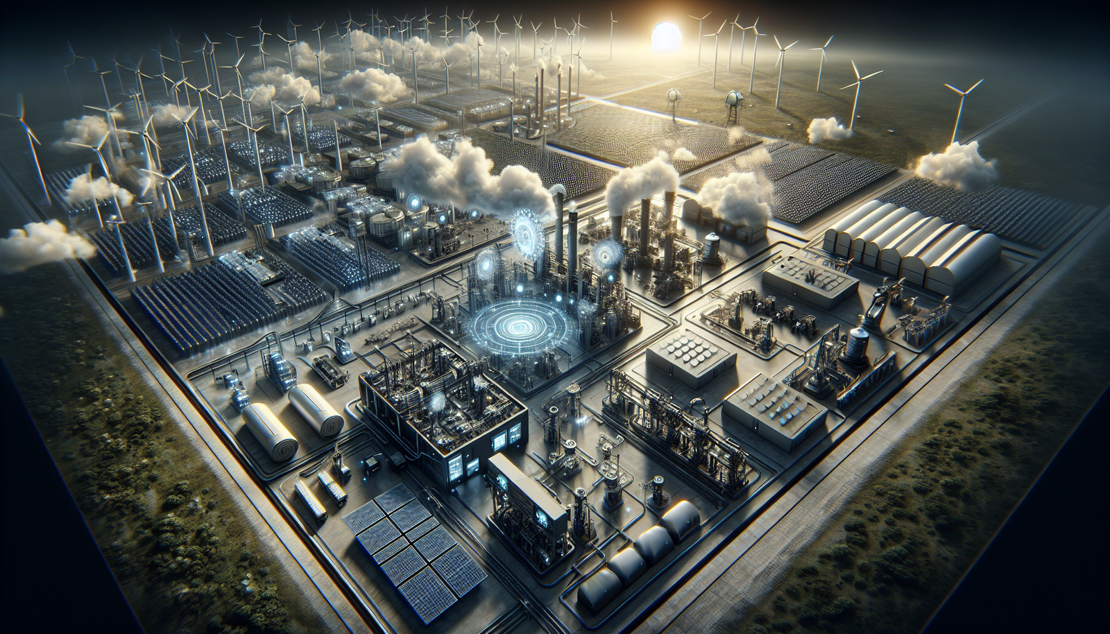 AI-driven sustainable supply chain with smart technology and renewable energy.