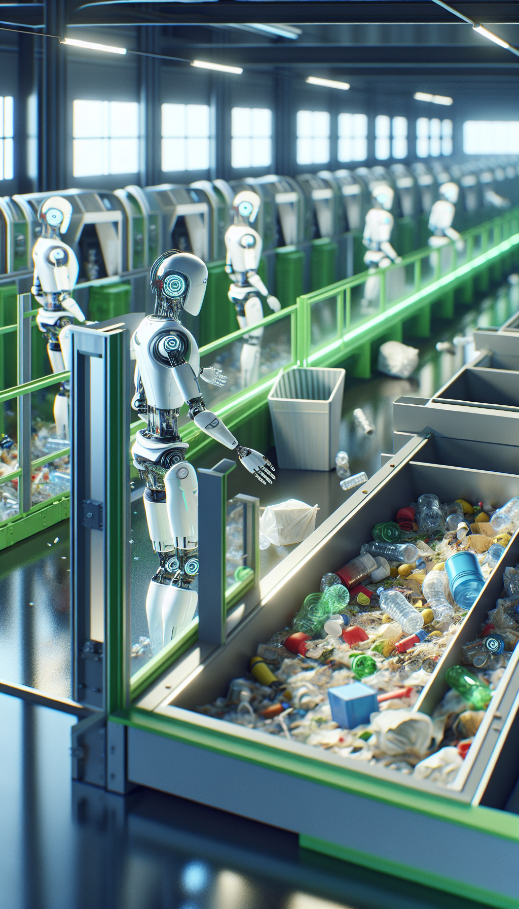 AI robots sorting waste in a recycling facility, promoting sustainability.