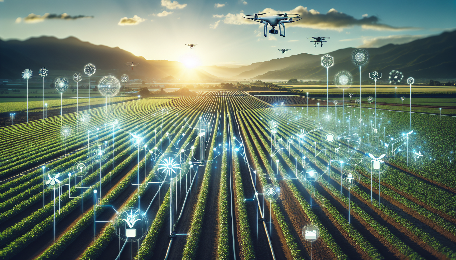 AI technology in agriculture with drones and sensors in a field.