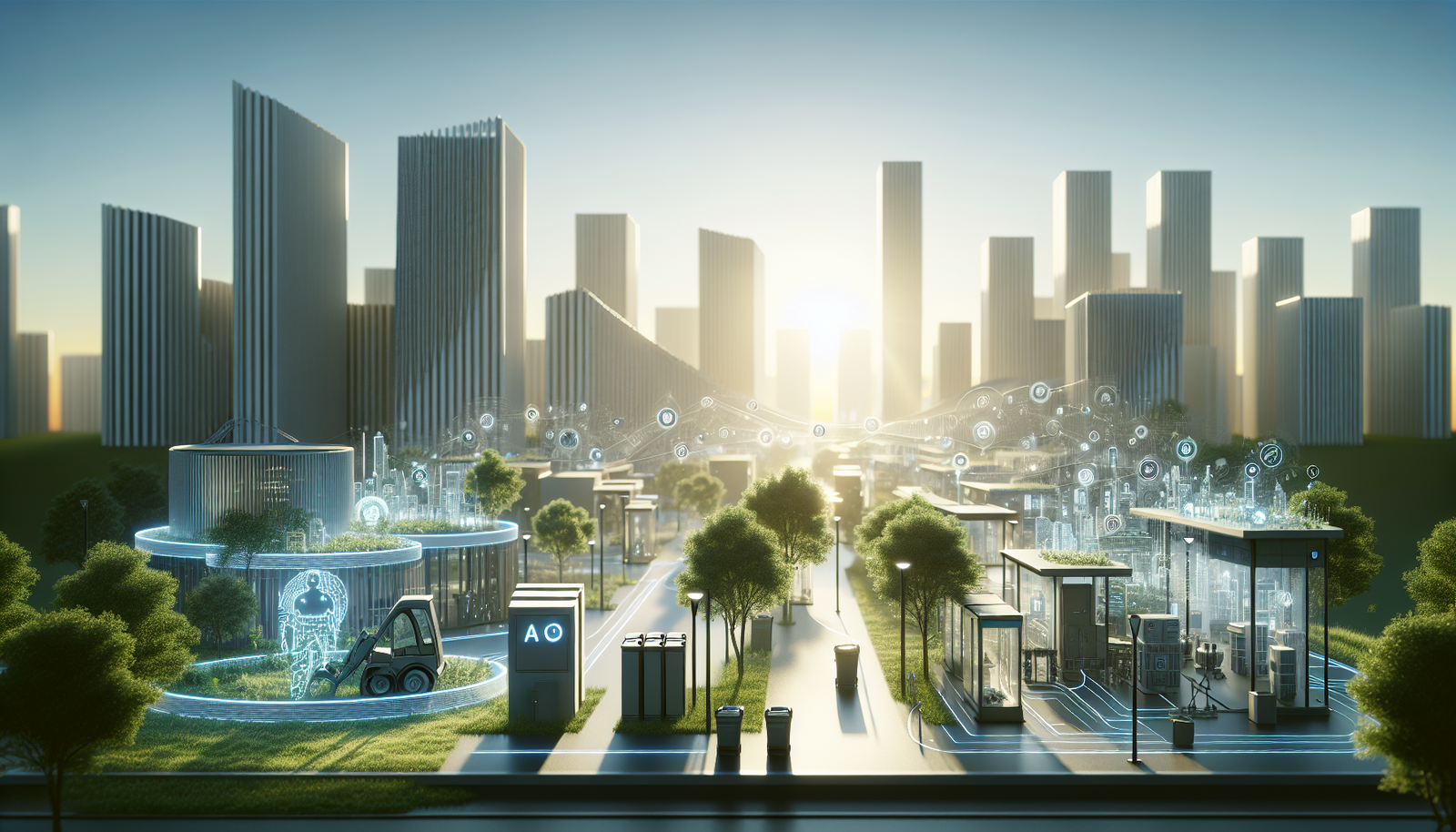 AI technology in a sustainable urban setting with energy-efficient buildings and green spaces.