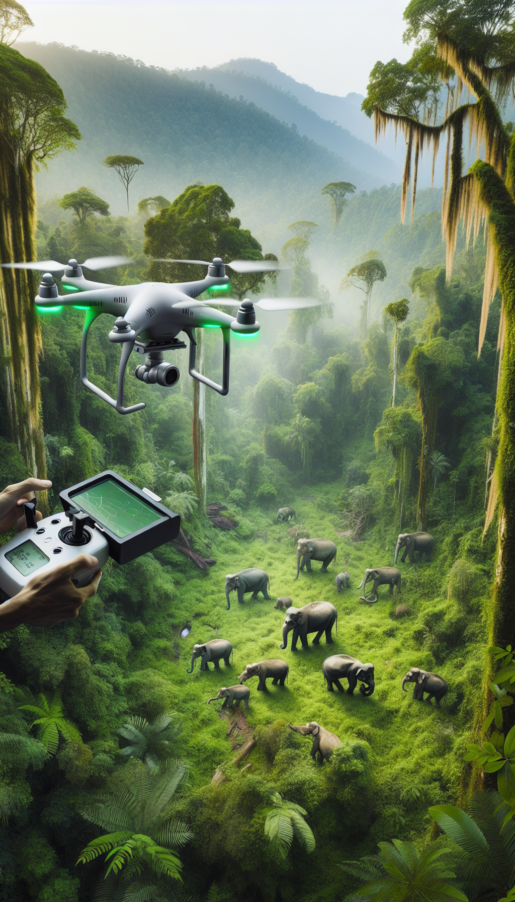 Drone monitoring wildlife in rainforest for AI conservation efforts.