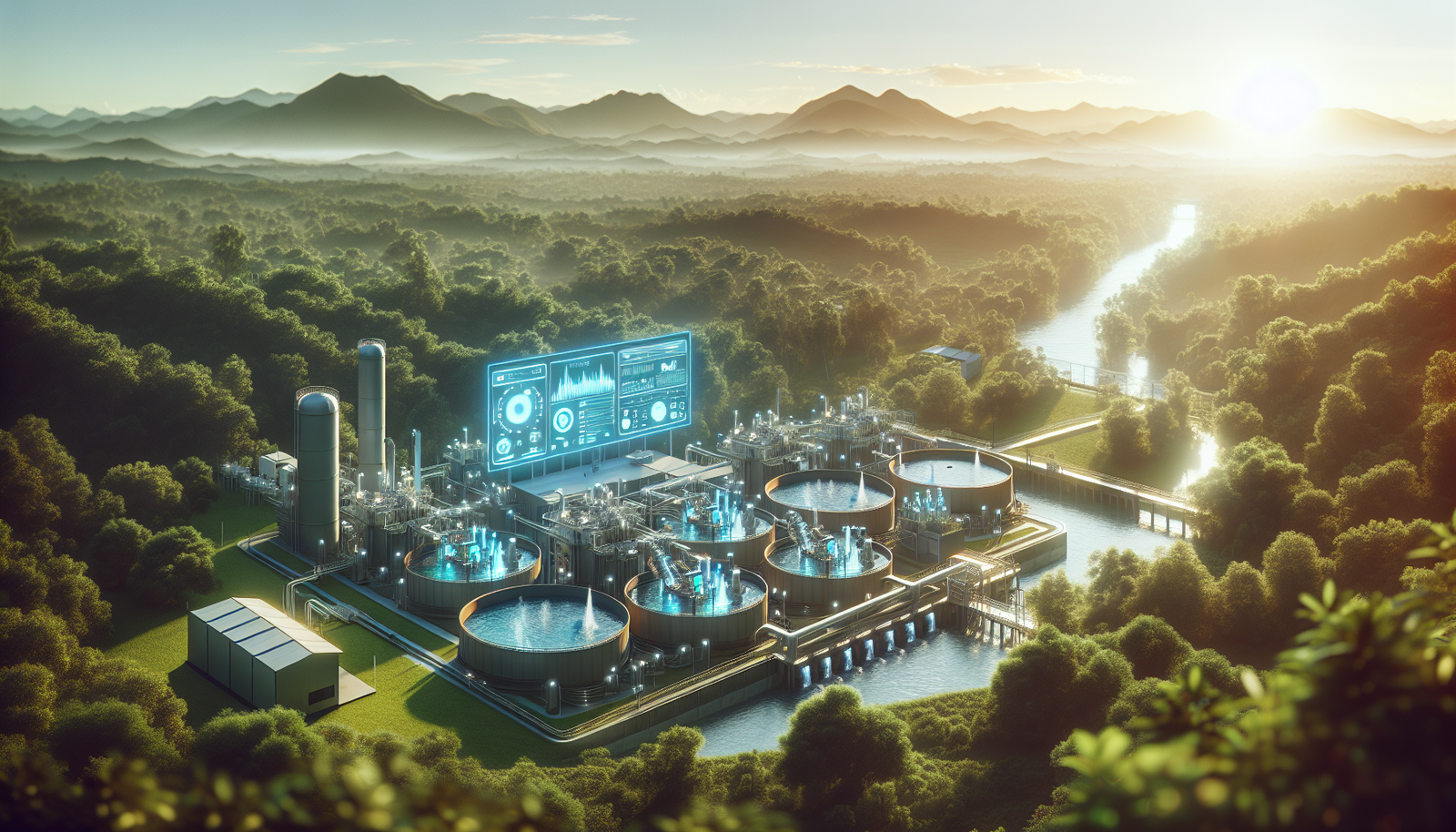 AI-driven water treatment facility with digital analytics.