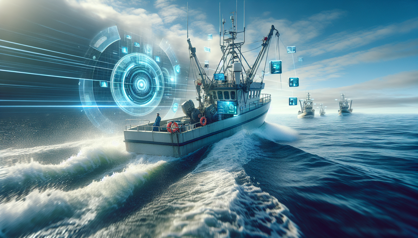 AI technology in a sustainable fishery, low-angle view of a fishing boat with monitoring systems.