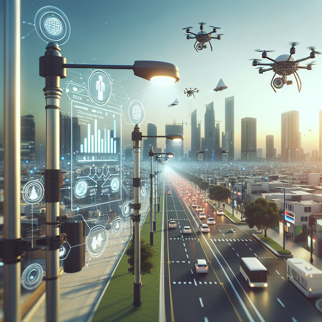AI technology monitoring city air quality with sensors and drones.