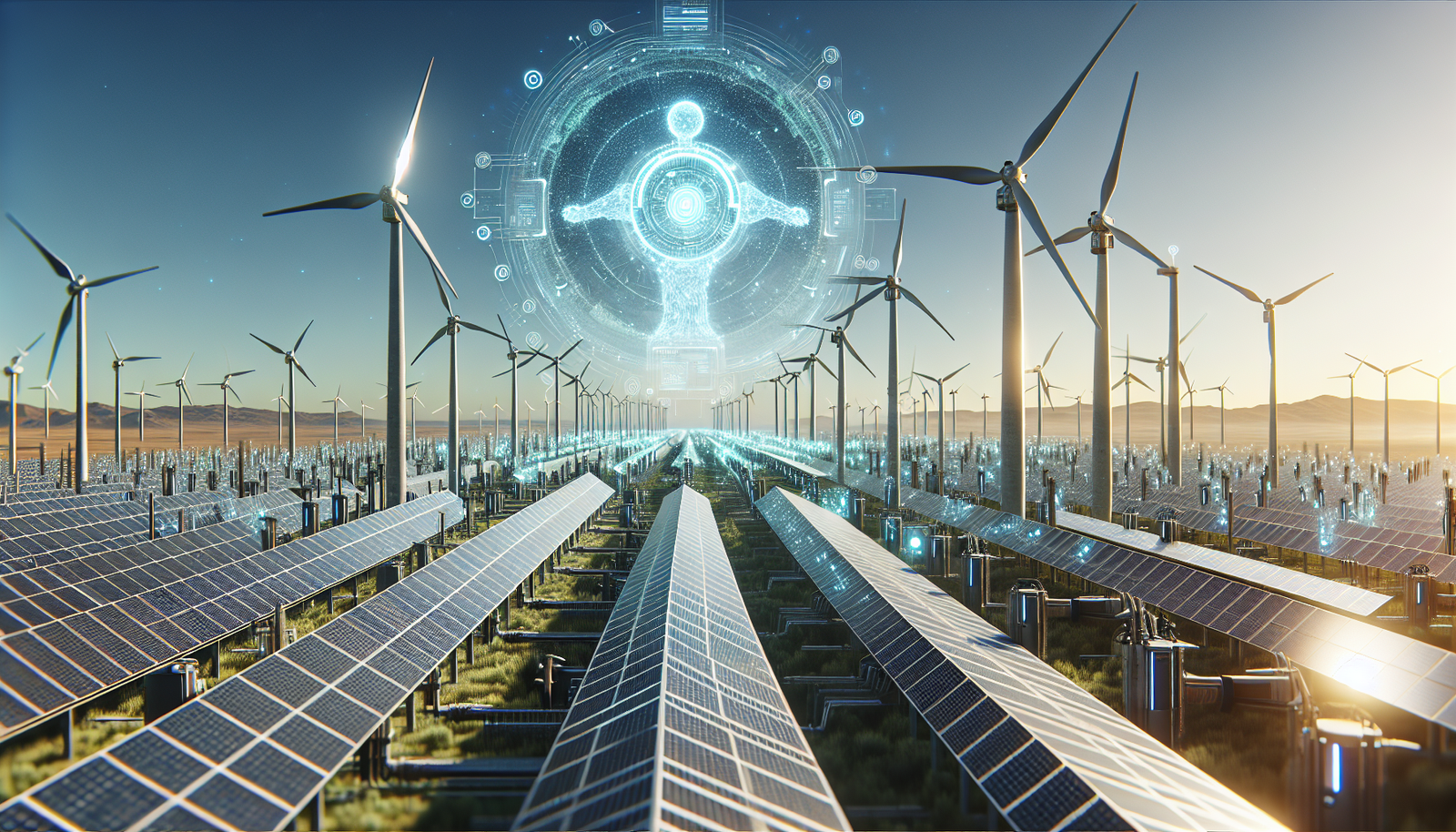 AI technology enhancing renewable energy with wind turbines and solar panels.