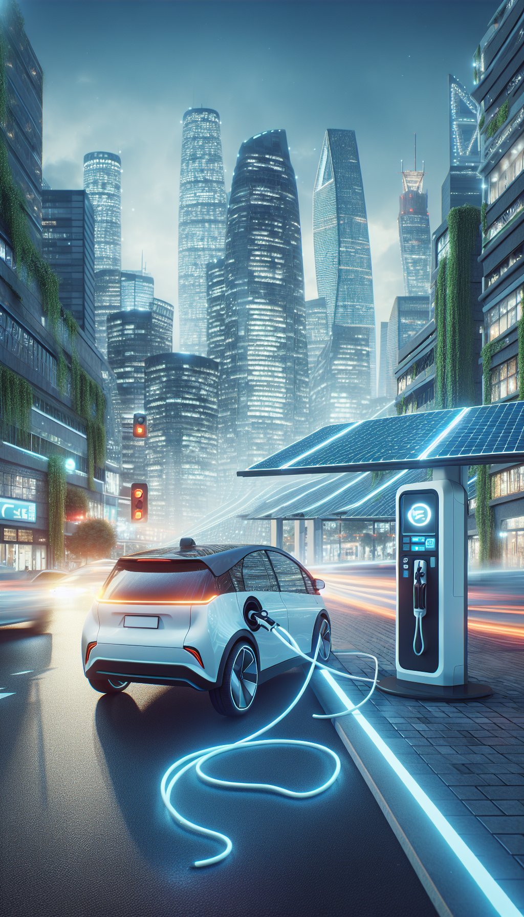 AI-enhanced electric vehicle at a solar-powered charging station with smart traffic lights.