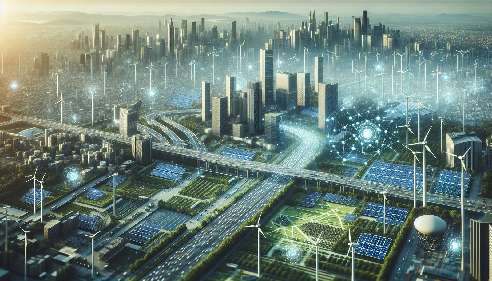 Smart city with AI and sustainability features like solar panels and green spaces.