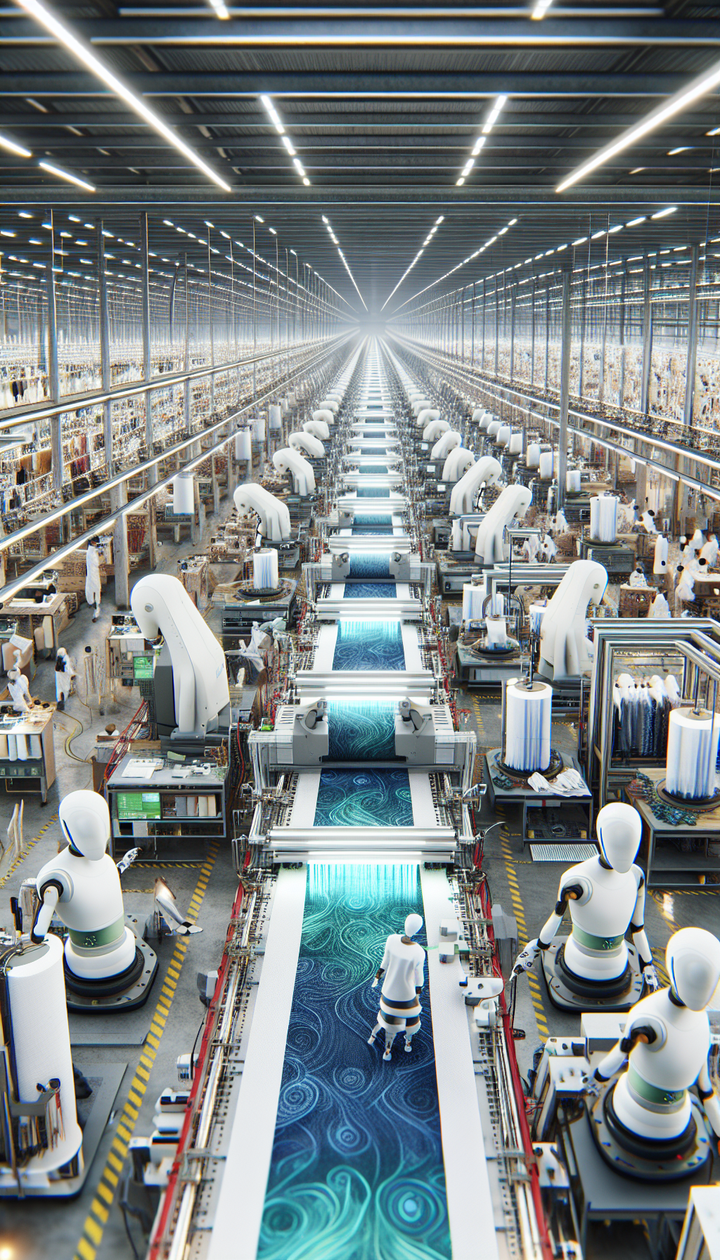 AI technology analyzing sustainable fashion fabrics in a textile factory.