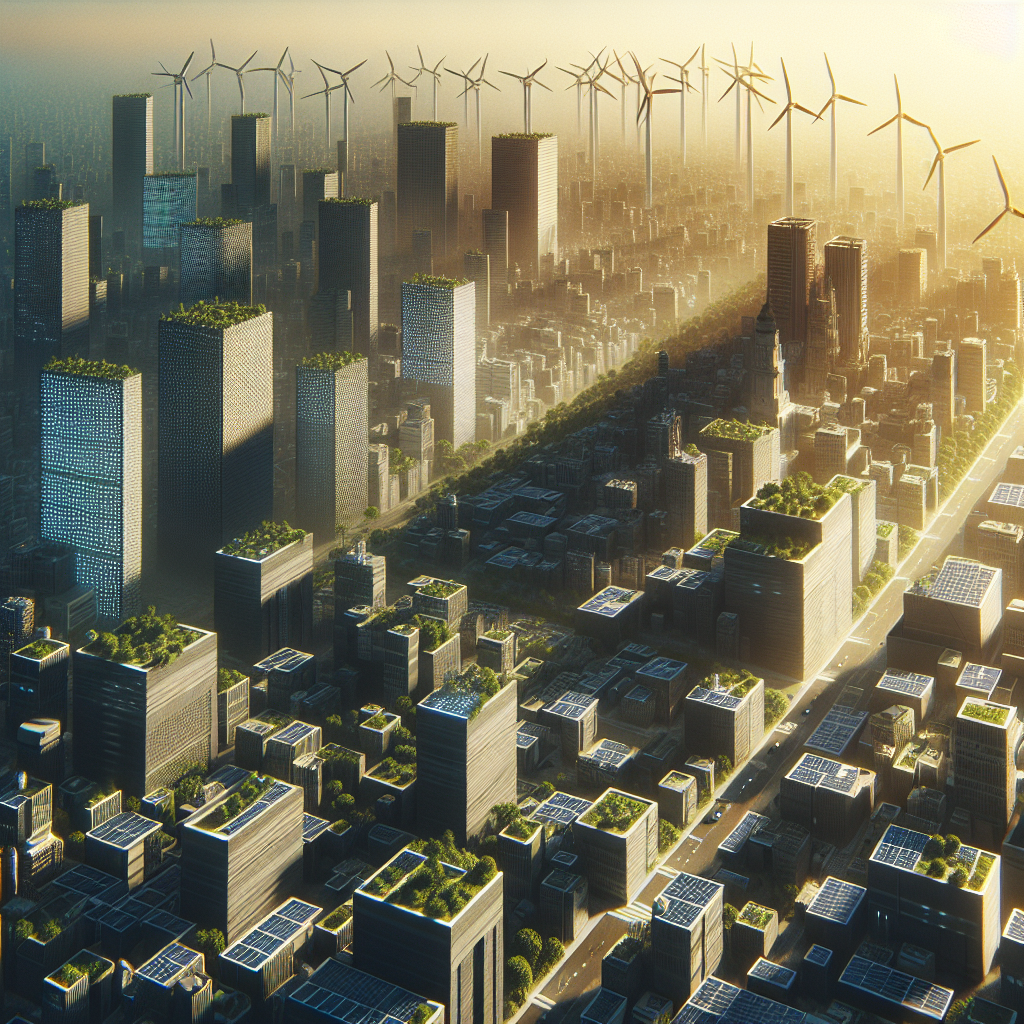 Sustainable city with solar panels, wind turbines, and urban greenery.