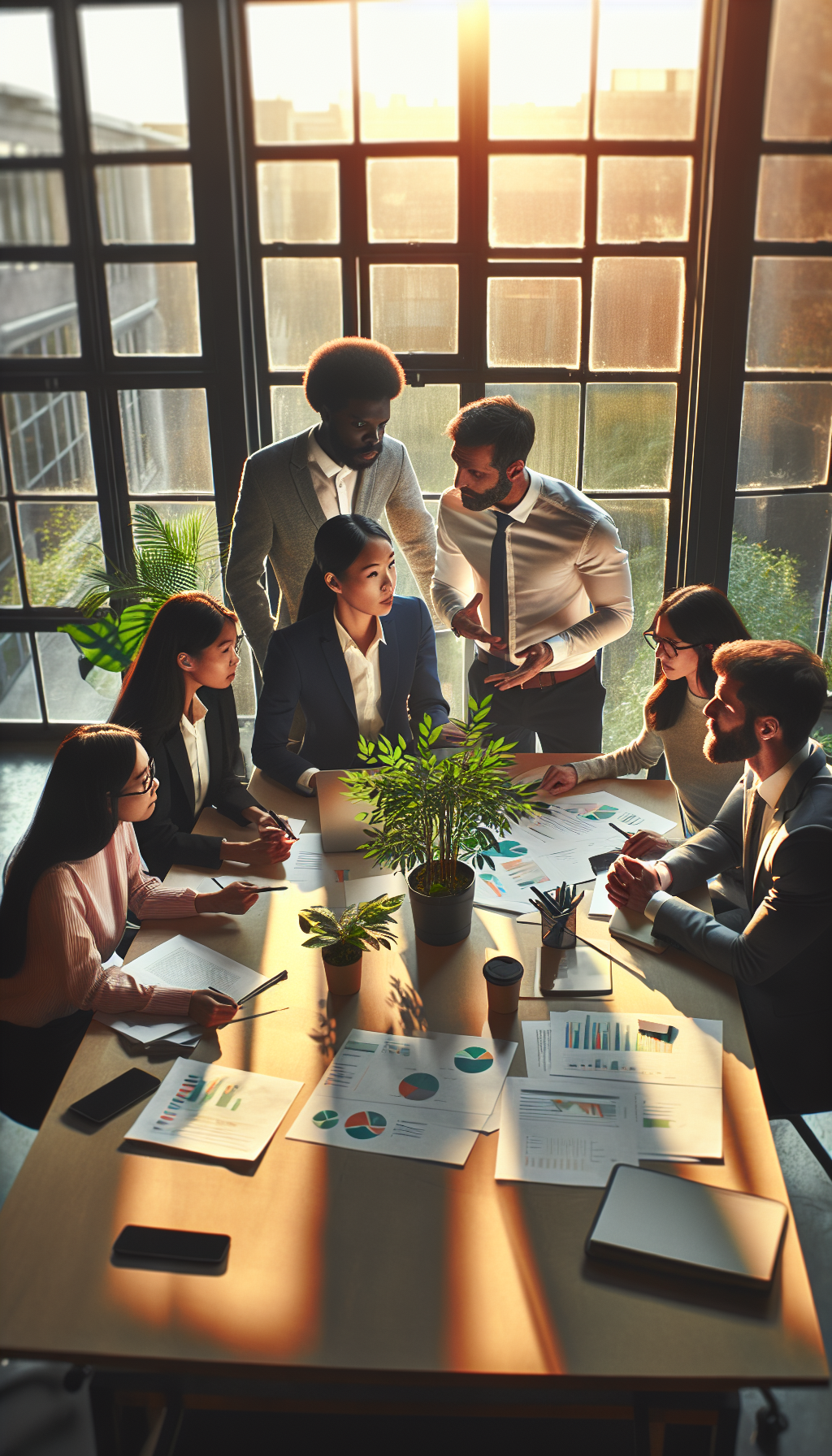 Diverse professionals discussing sustainability projects in a modern office.