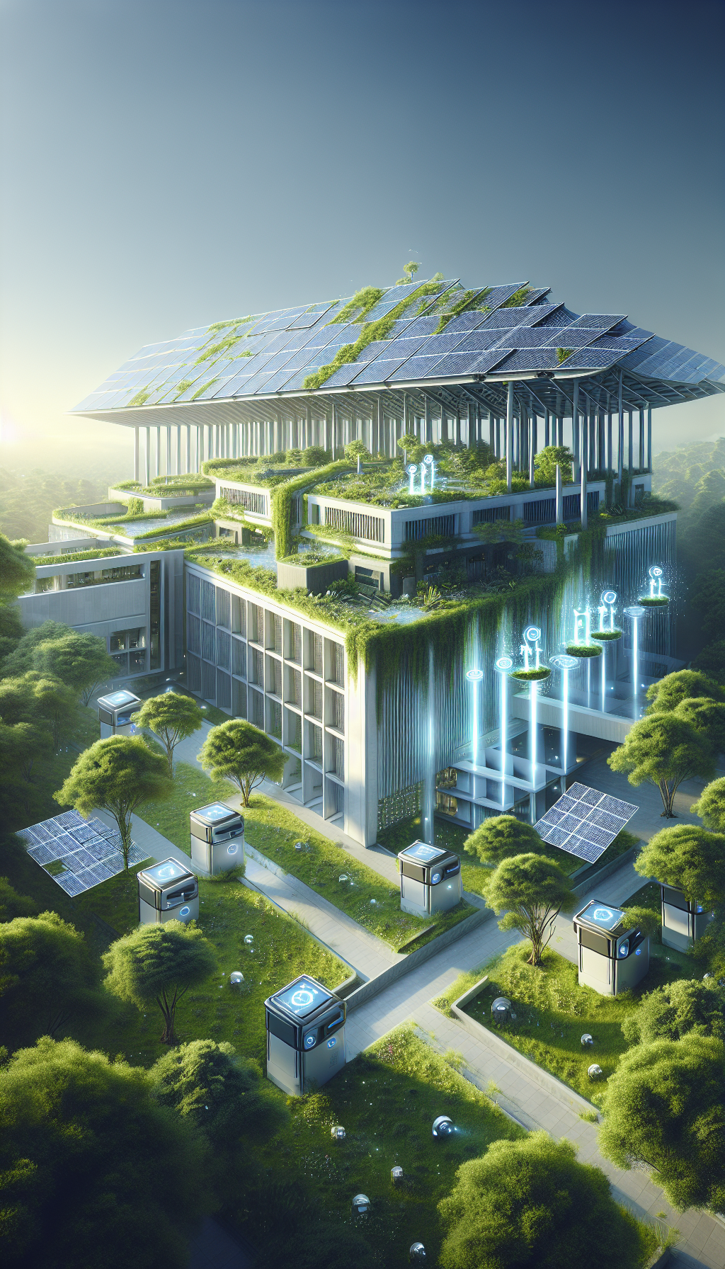 Modern building with AI-driven sustainable systems, solar panels, and smart waste bins.