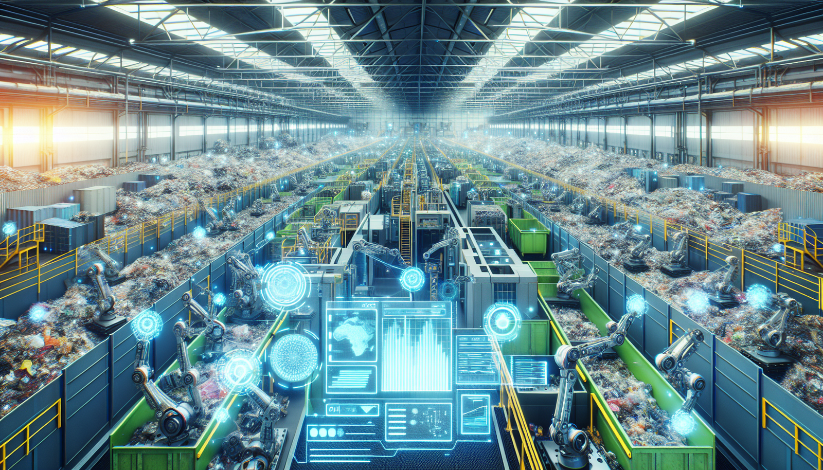 AI-powered recycling plant with robots sorting waste and displaying data.