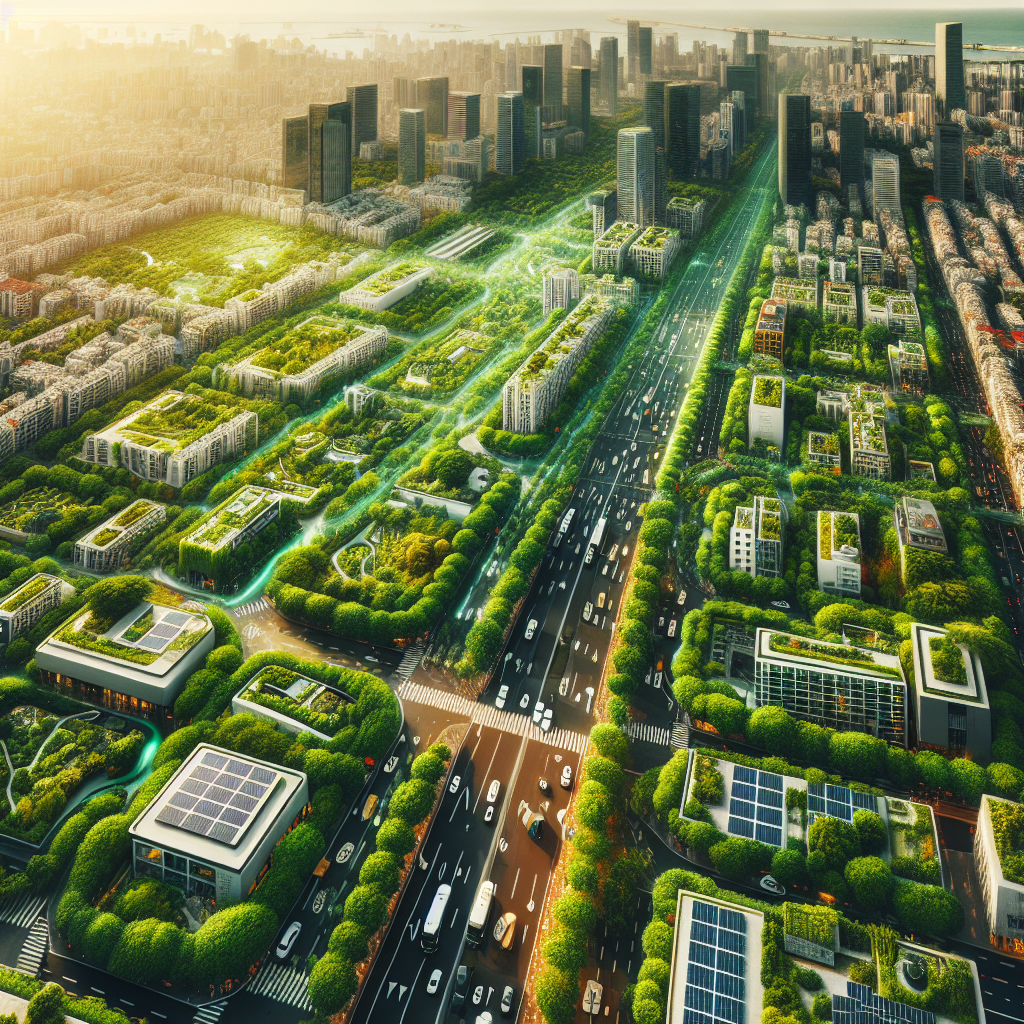 Aerial view of a sustainable city with solar panels, green parks, and electric vehicles.