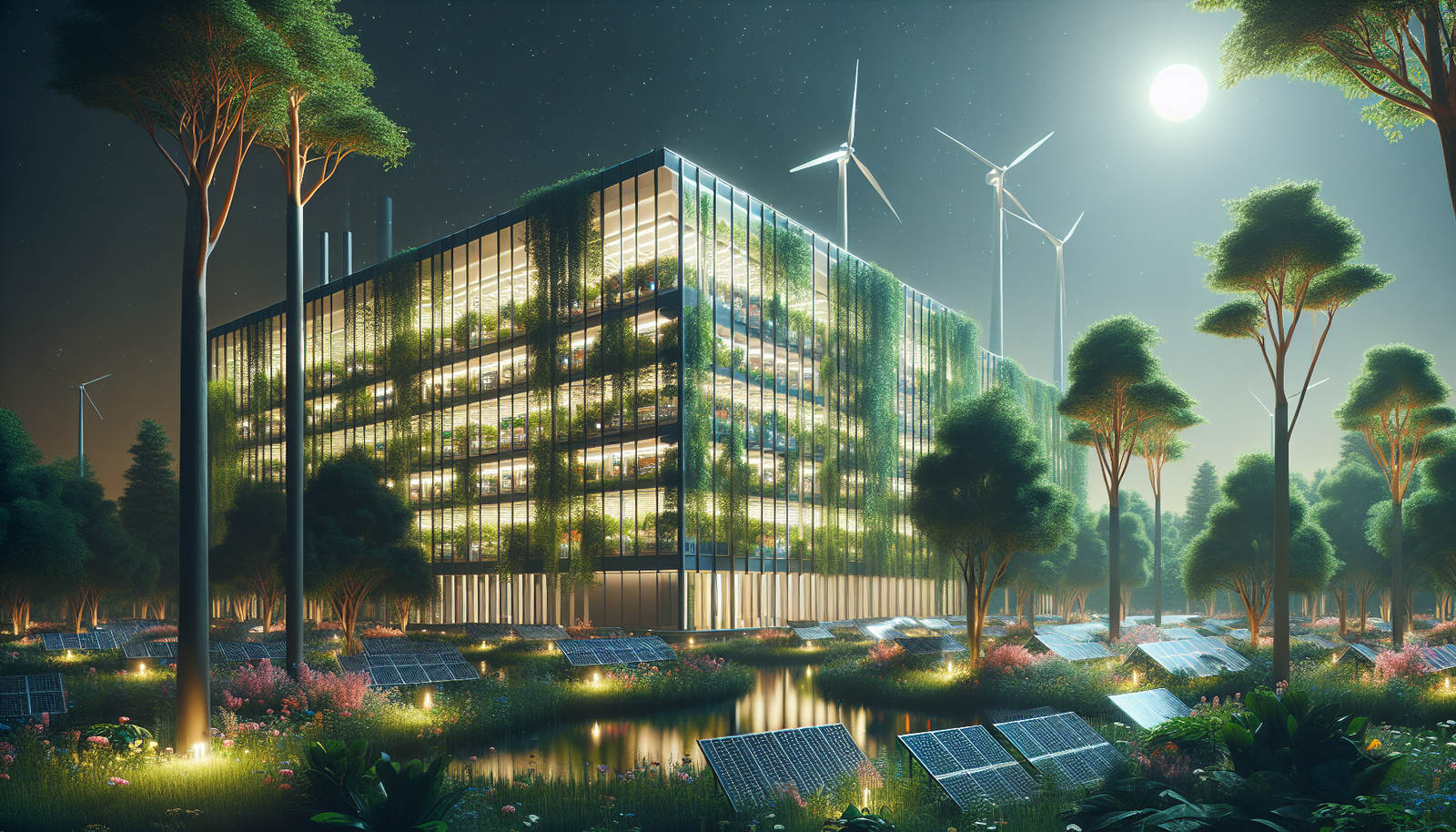 Eco-friendly AI data center surrounded by greenery in a time-lapse shot.