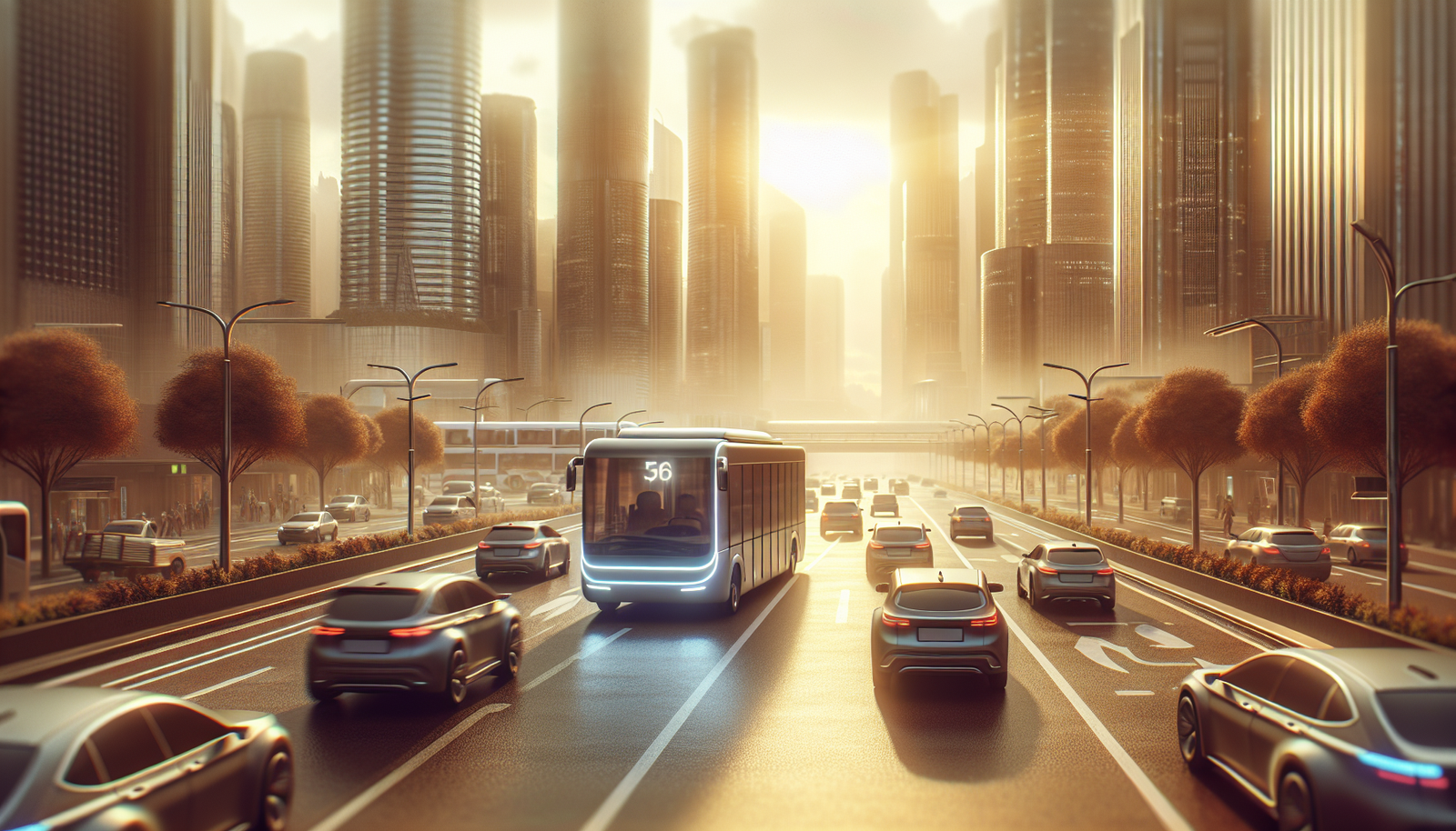 Futuristic city with AI-driven electric vehicles and reduced traffic.