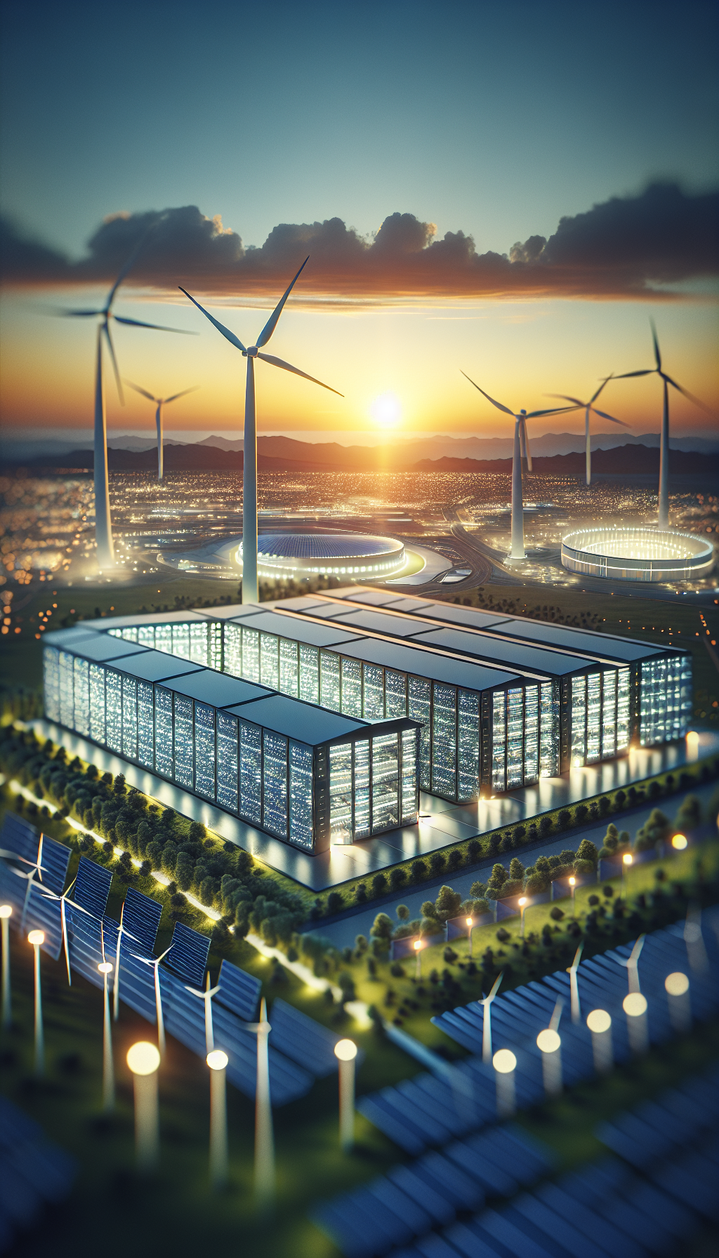 Modern data center with solar panels and wind turbines side view