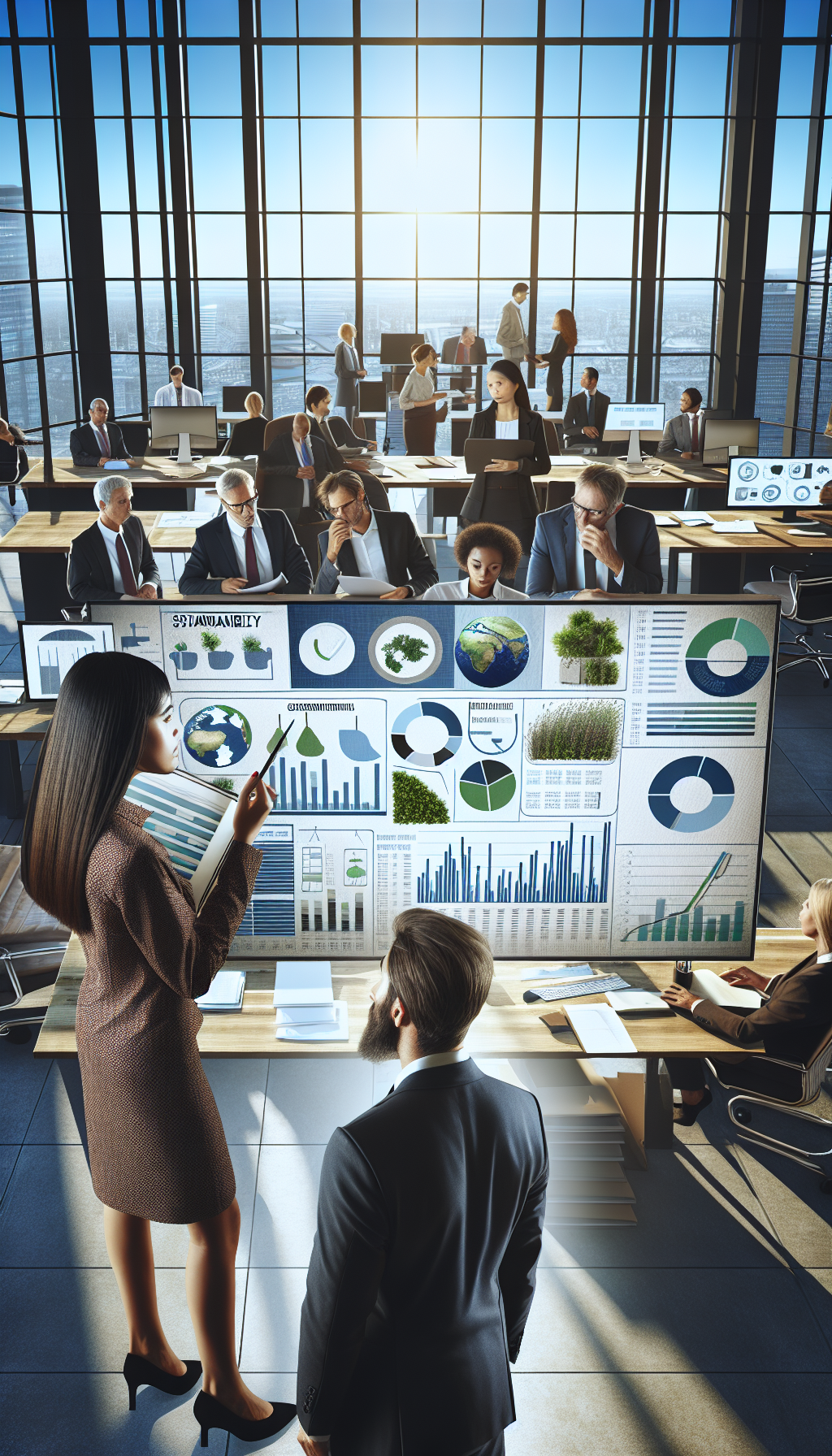 Corporate team analyzing sustainability reports with charts on screen.