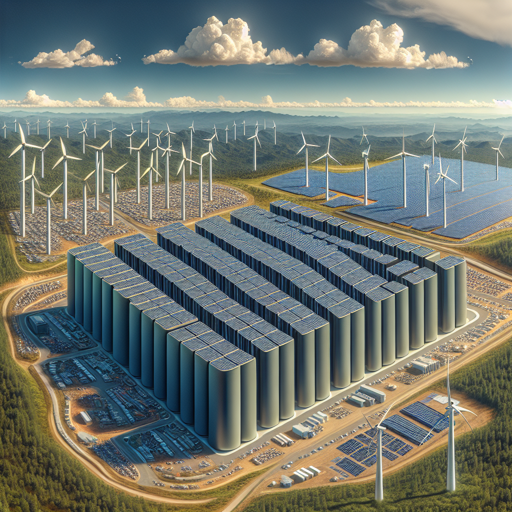 Eco-friendly AI data center with wind turbines and solar panels.