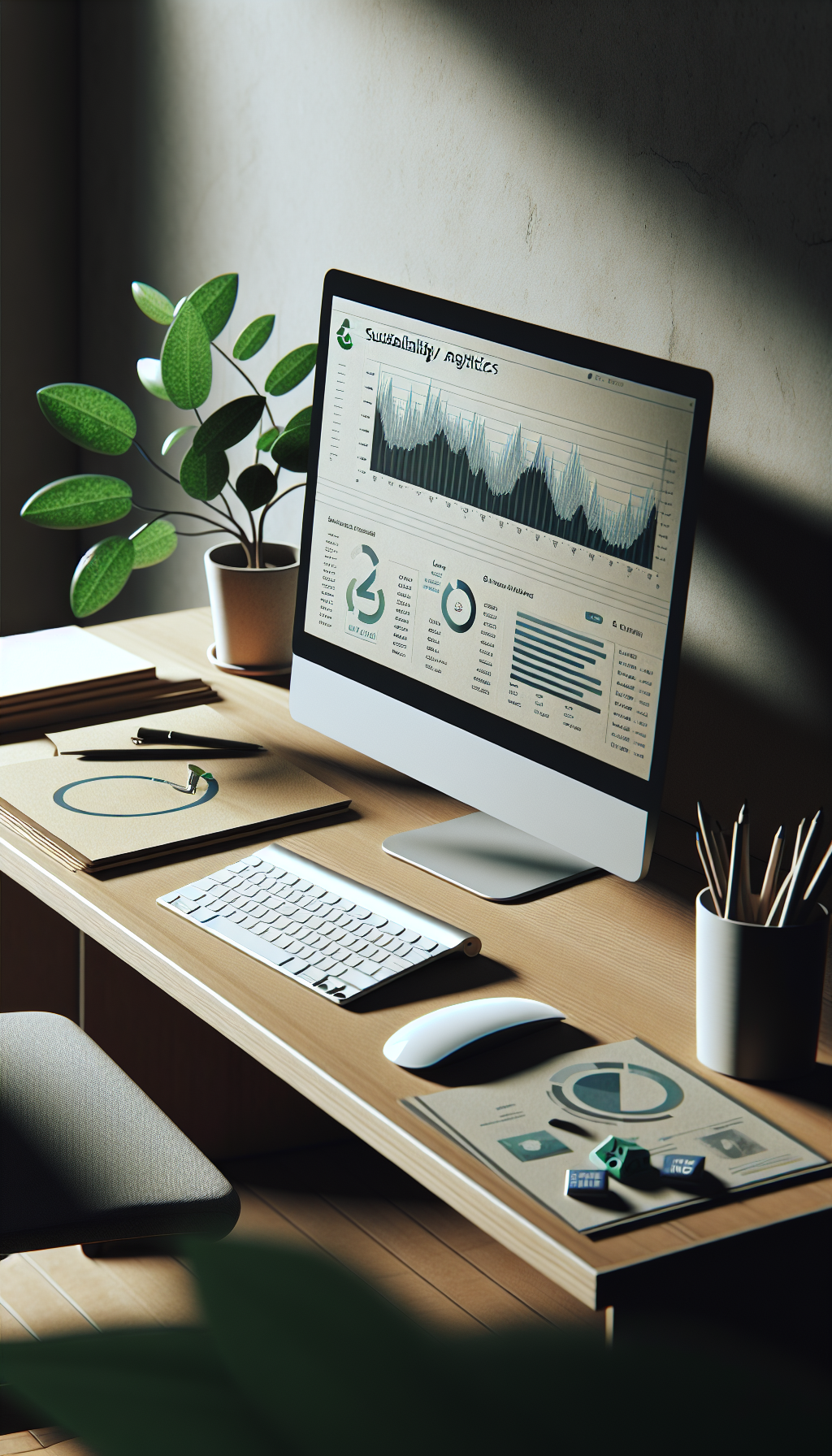 Computer screen showing sustainability analytics with eco-friendly items on a desk.
