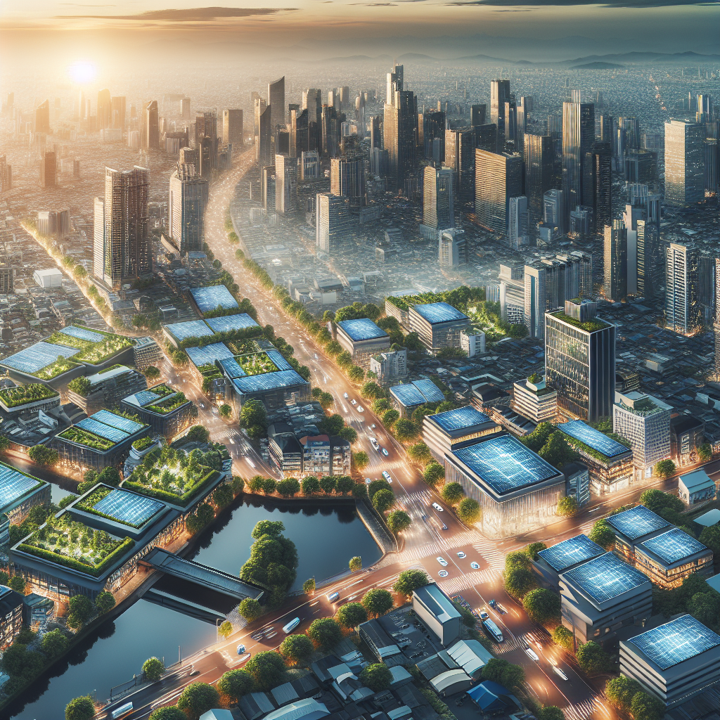 Cityscape with solar panels, green roofs, and electric vehicles in soft lighting.