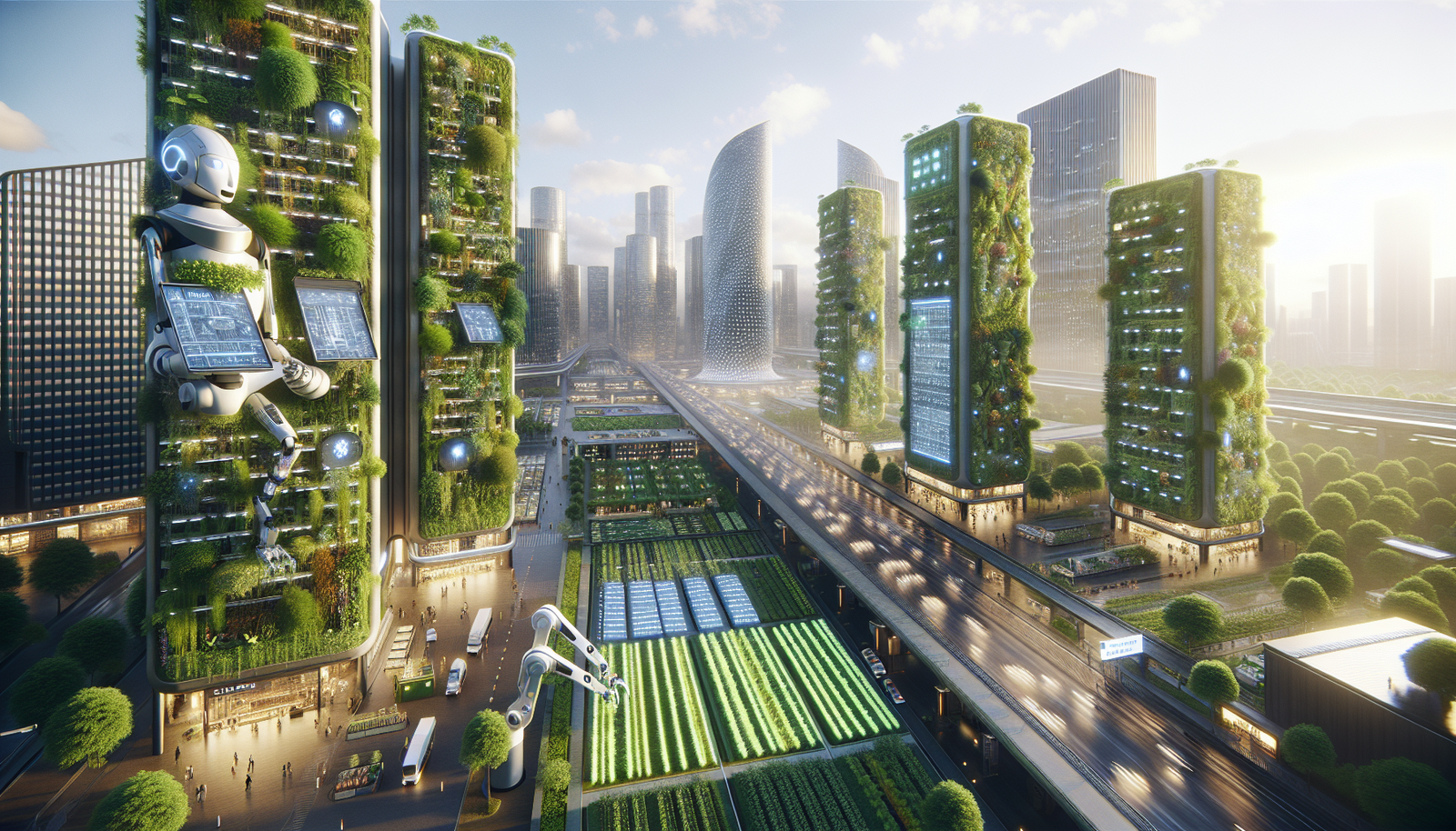 Futuristic city using AI for sustainability with smart buildings and solar panels.