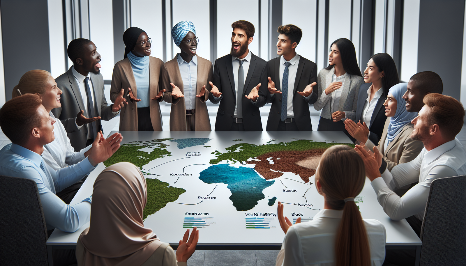 Professionals discussing sustainability strategies in a modern office.