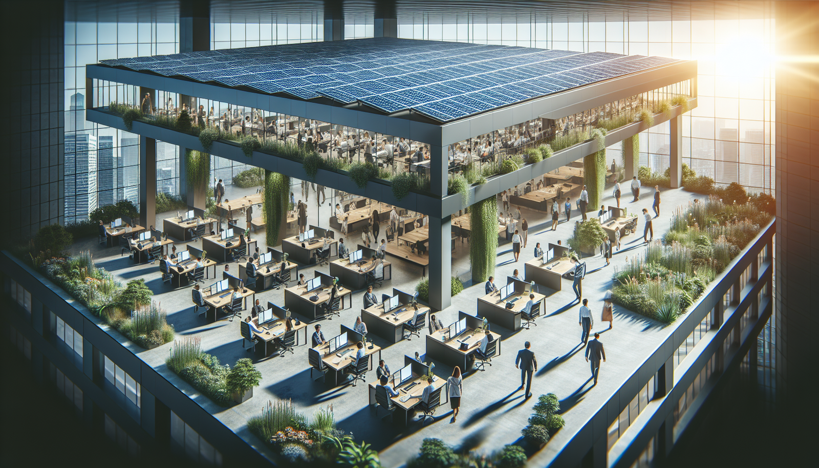 Corporate office with solar panels and eco-friendly environment.