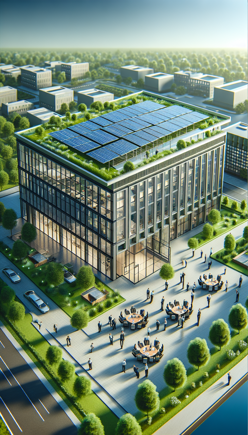 Modern office building with solar panels and green landscaping