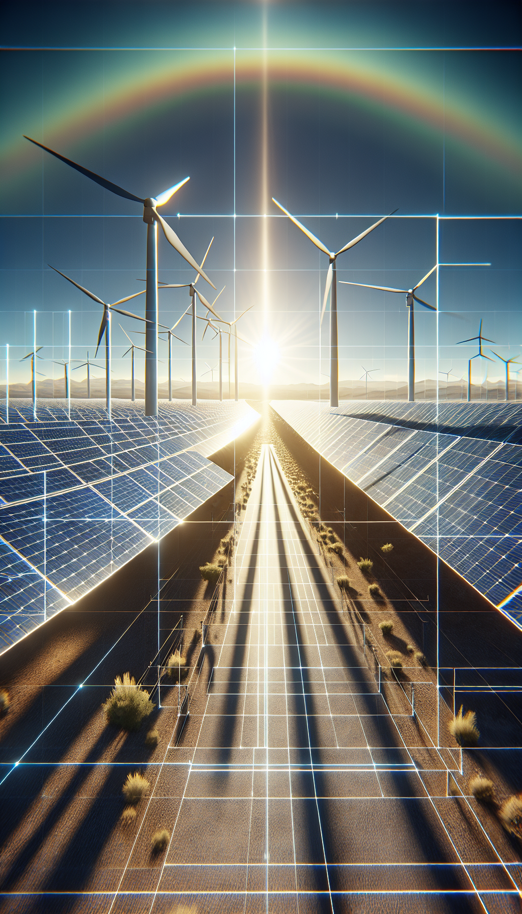 AI technology optimizing solar farm with wind turbines and solar panels.